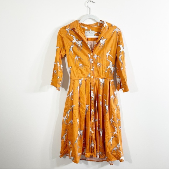Samantha Sung Audrey Orange Bird Print Midi Pleated Dress 3/4 Sleeves Size 2 - Picture 1 of 5